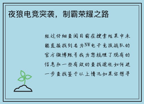 夜狼电竞突袭，制霸荣耀之路